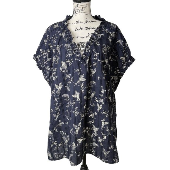 J. Jill Top Floral Bird Short Sleeve Blouse Ruffle Navy Blue Womens Size 4X - Picture 1 of 8